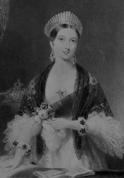 Engraved portrait of a young Queen Victoria wearing a crown